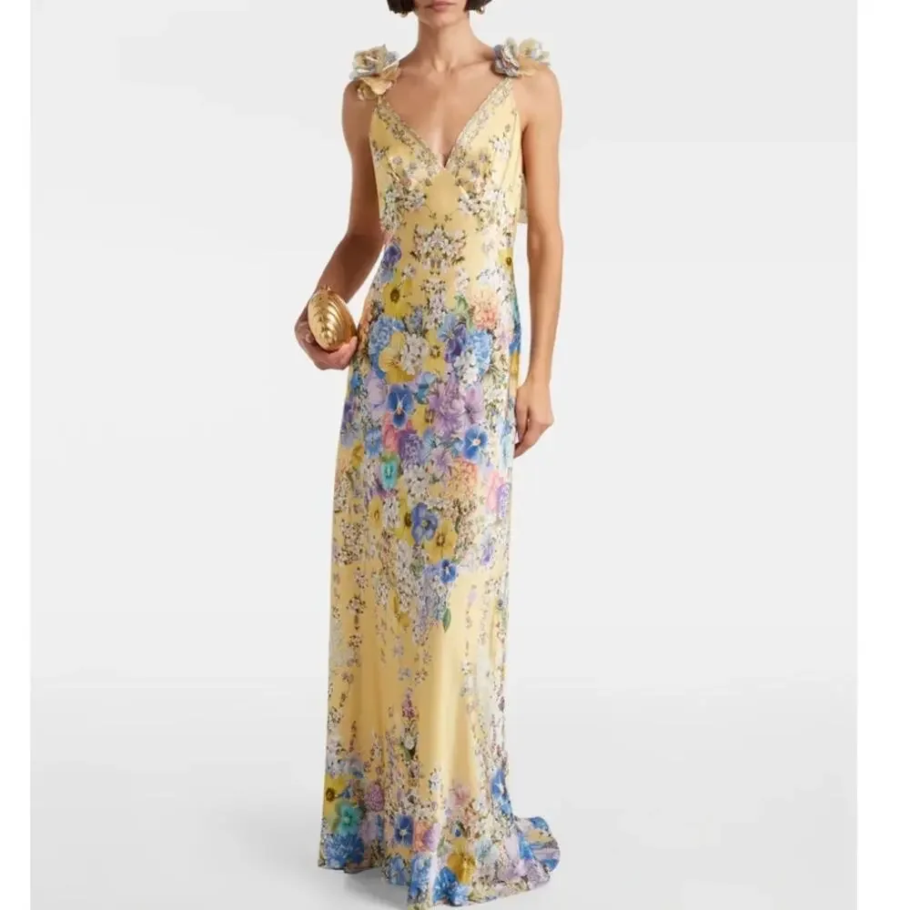Camilla Embellished floral ruffled silk satin maxi dress NWT